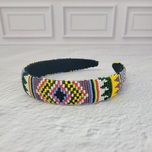 Handmade Seed Bead Geometric Tribal Headband Multi-Color Boho Hair Accessory
